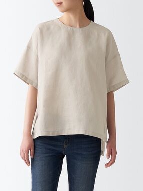 Muji Light Beige French Linen Boxy Short-Sleeve Top